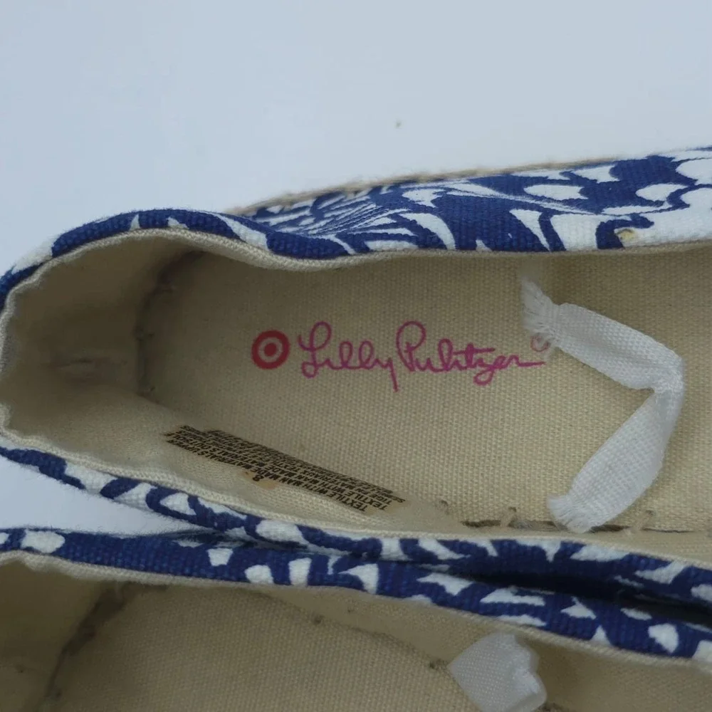 LILLY PULITZER Upstream Fish Gold Cap Toe Espadrille Women's 8 Blue White Canvas